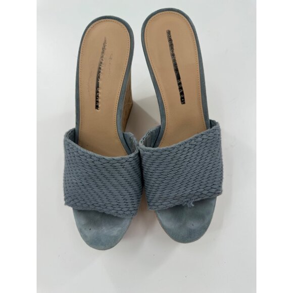 Veronica Beard Dali Woven Platform 8M Cork Wedge Sandals Blue Braided Leather - Picture 2 of 8